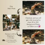 Infographic explaining Memoiric's ordering process: submit one main photo, share 30 to 200 background photos at checkout, get a preview in 48 hours, and receive shipping in 6 to 10 days.