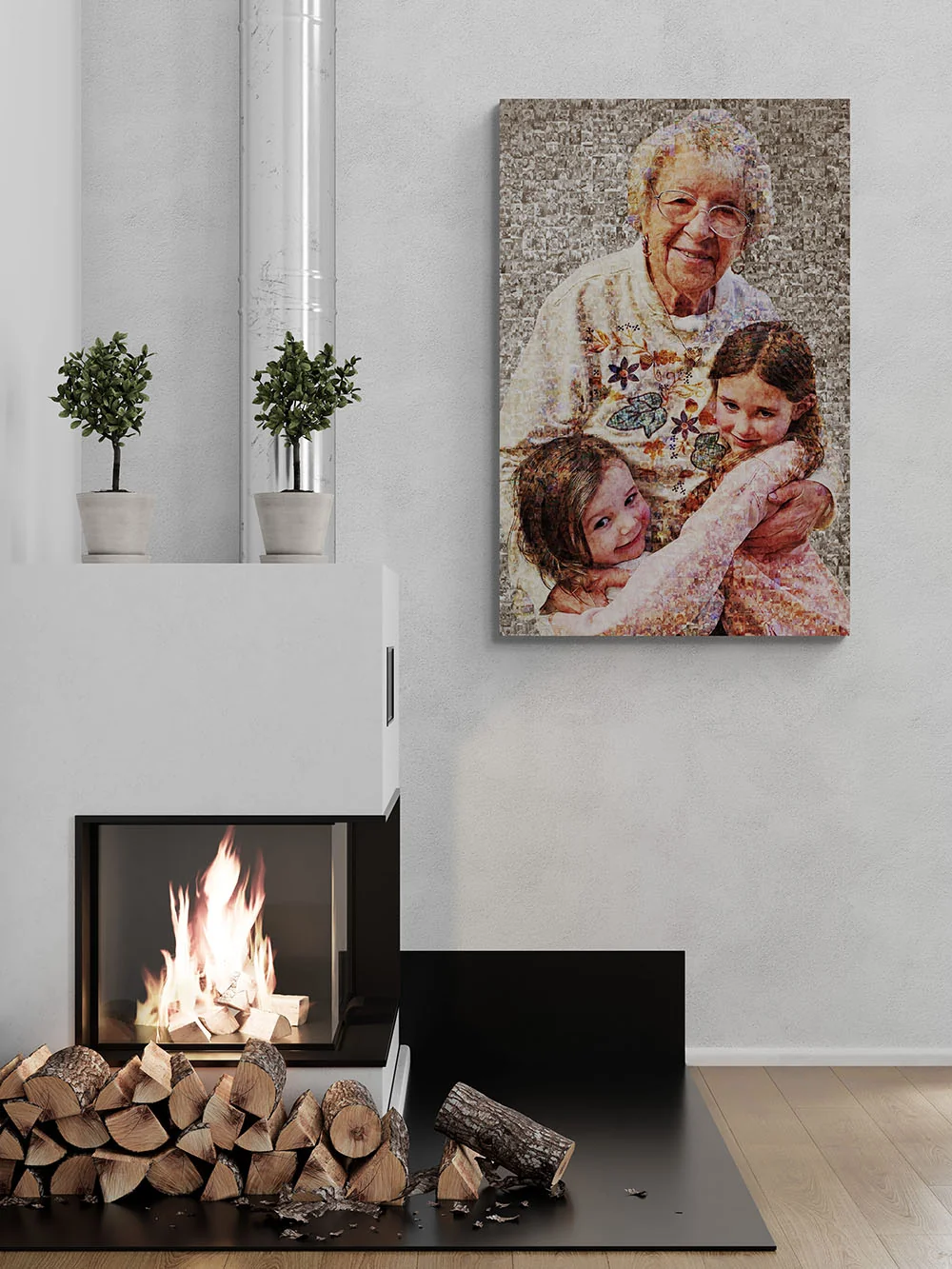 Canvas photo mosaic of a grandmother embracing her two granddaughters, displayed above a living room fireplace mantel.