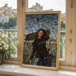 Photo mosaic portrait of a confident woman in sunglasses holding a skateboard, framed on a windowsill overlooking a city view.