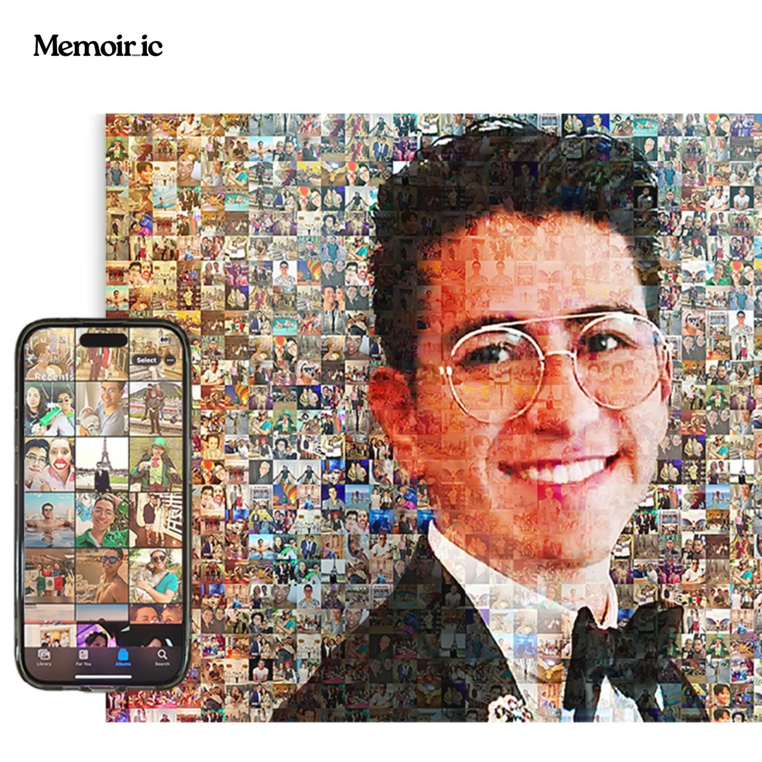 Man Portrait Mosaic Custom photo mosaic portrait of a smiling man in a suit, shown beside a phone displaying the photo selection app used to create it.