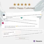 Collage of customer review screenshots praising their Memoiric photo mosaics, above a five-star rating and a 6000+ Happy Customers banner.