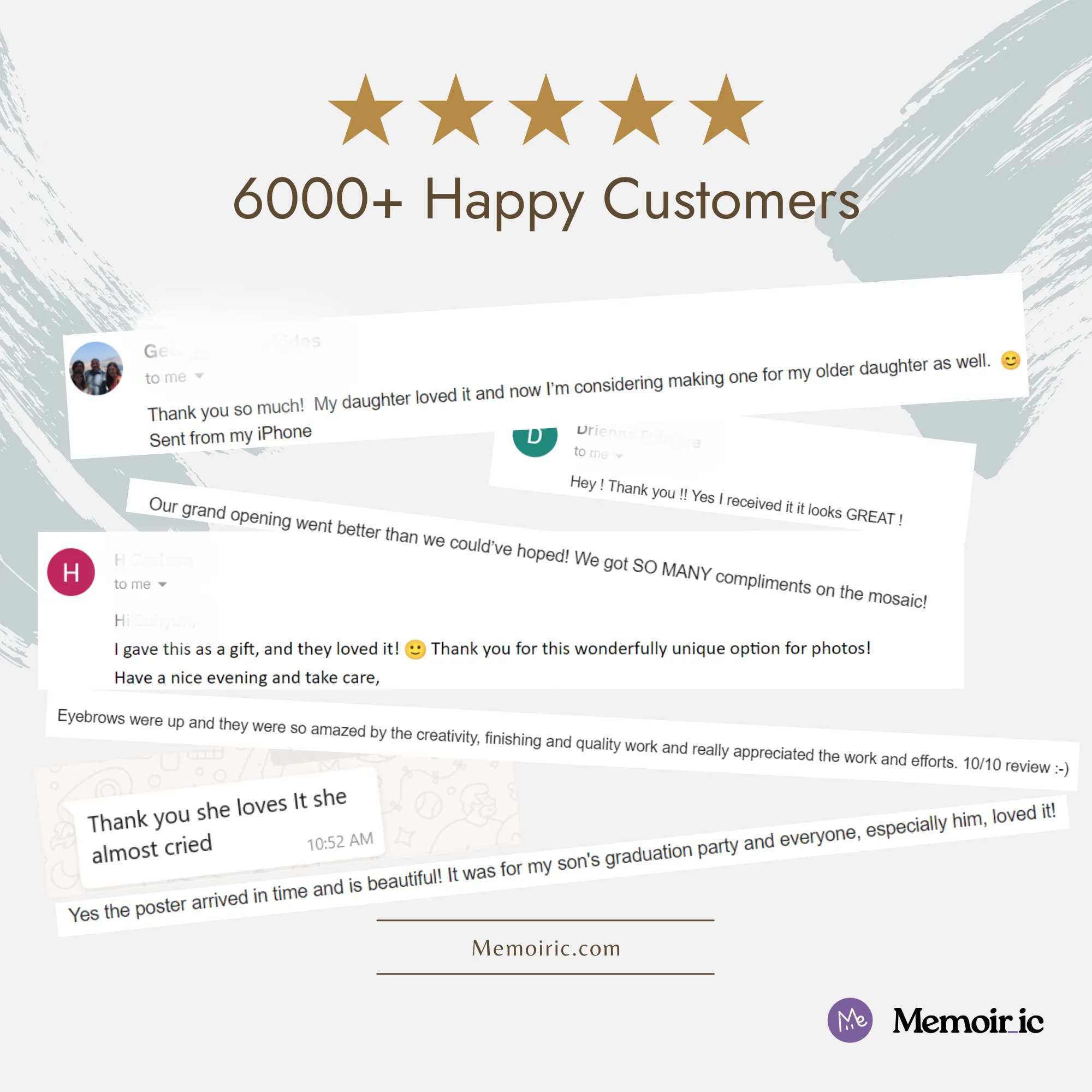 Memoiric Customer Review Collage of customer review screenshots praising their Memoiric photo mosaics, above a five-star rating and a 6000+ Happy Customers banner.