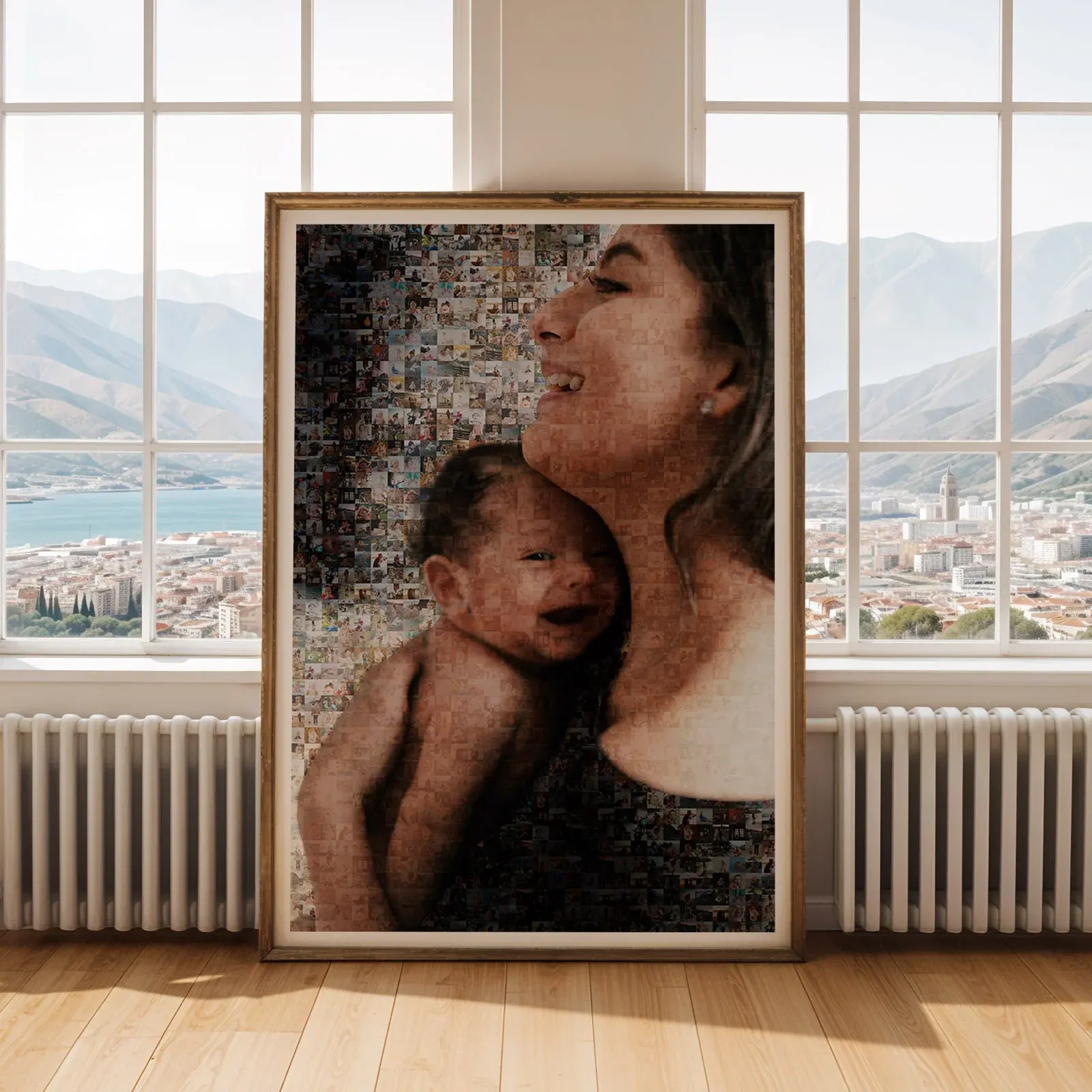 Framed photo mosaic of a mother holding her laughing baby, a Mother's Day gift built from hundreds of family photos.
