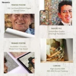 Infographic showing Memoiric's four photo mosaic formats: printed poster, digital file, framed poster, and canvas.