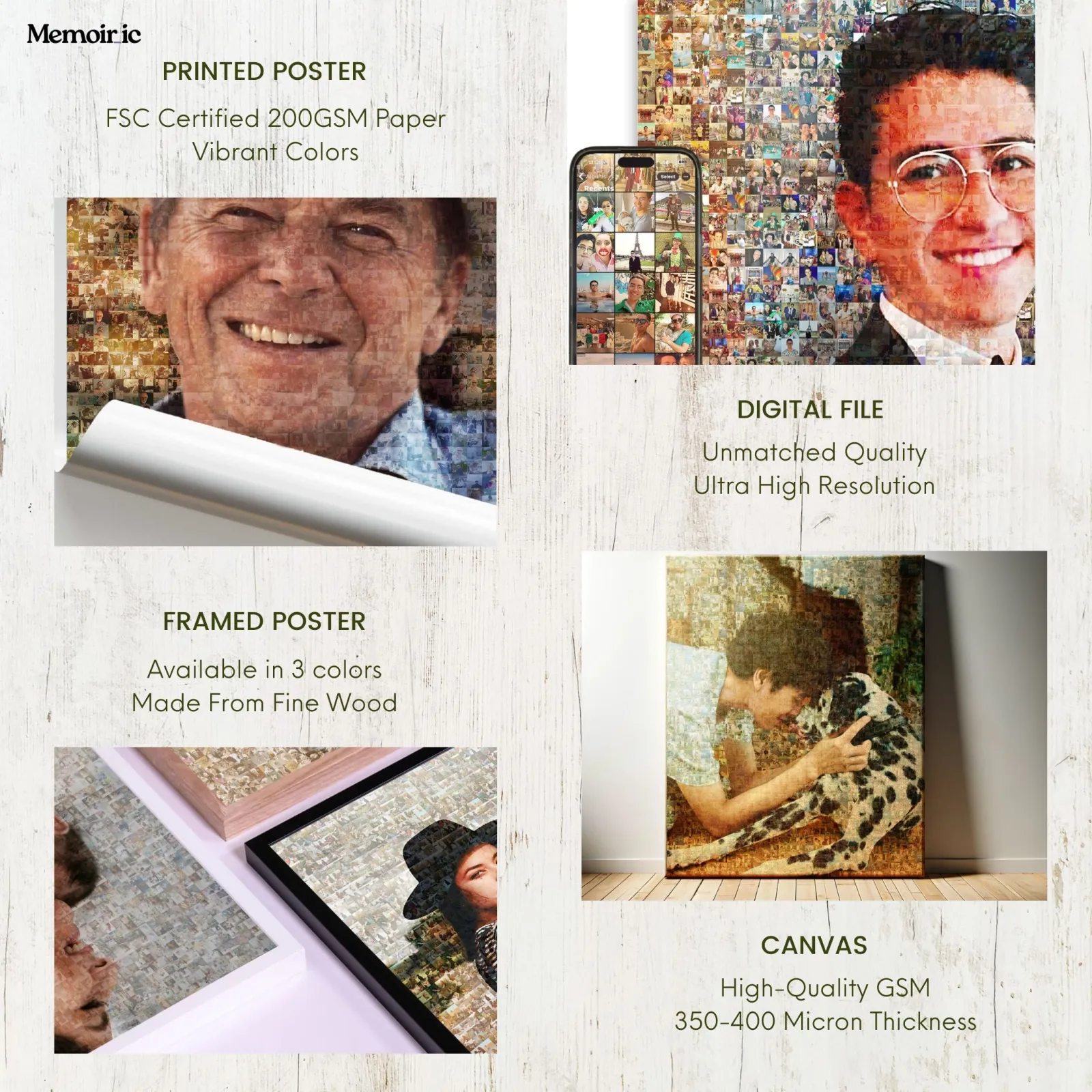 Photo Mosaic Format Options Infographic showing Memoiric's four photo mosaic formats: printed poster, digital file, framed poster, and canvas.