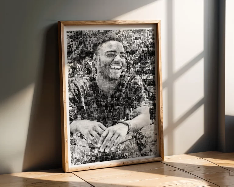 A stunning black-and-white photo mosaic of a man laughing, blending nostalgia and elegance, suitable for timeless home decor or gifting moments of joy.