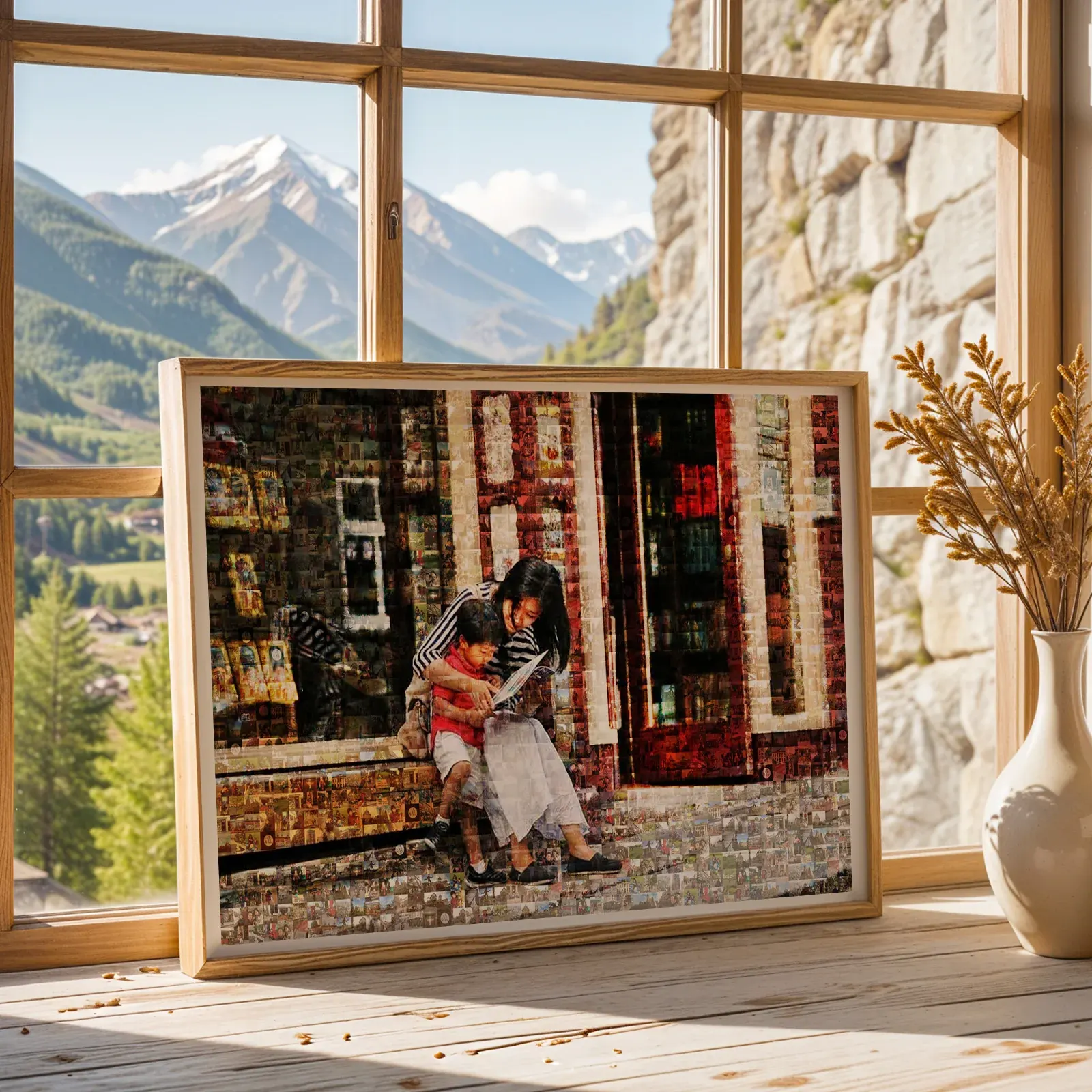 Framed photo mosaic of a mother and young son reading together at a bookshop, displayed on a windowsill overlooking mountains.