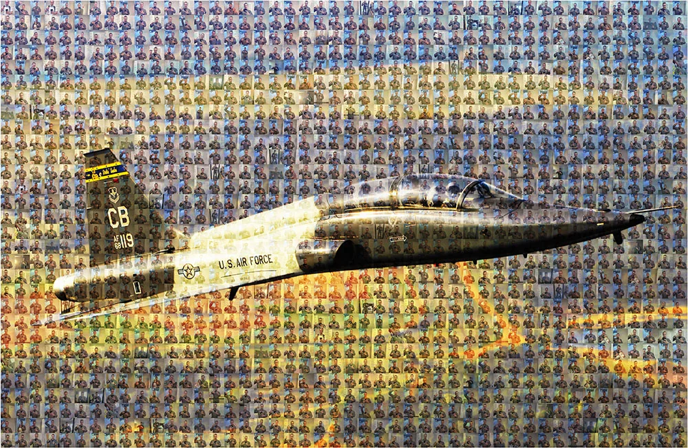 Photo mosaic of a U.S. Air Force training jet composed of servicemember portraits, a unit keepsake gift.