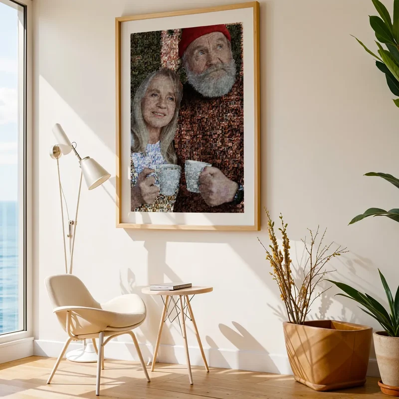 A framed photo mosaic of an older couple holding coffee mugs, made from their family photos