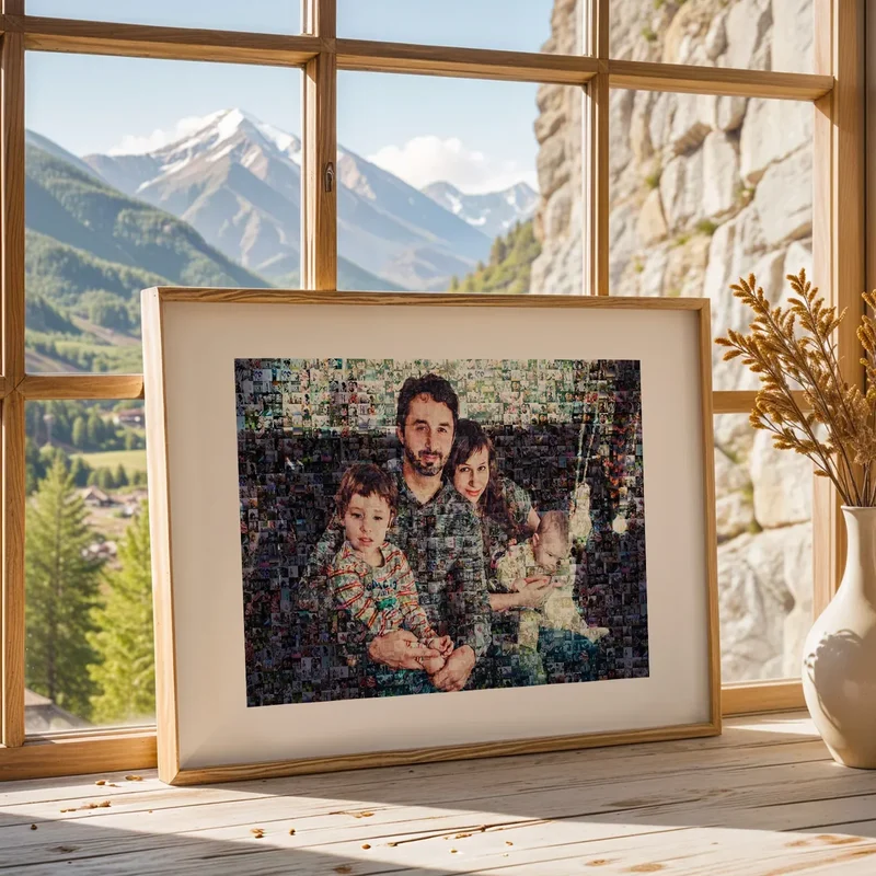 A framed photo mosaic of a family of four by a window, made from their photos