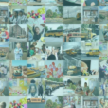 Close-up of the school bus mosaic: every tile is one photo from the school year